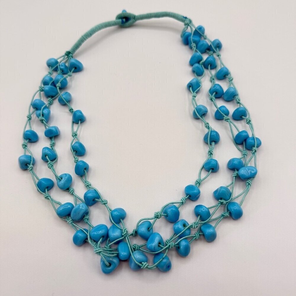 Blue Glass Bead Three Strand Layer Necklace